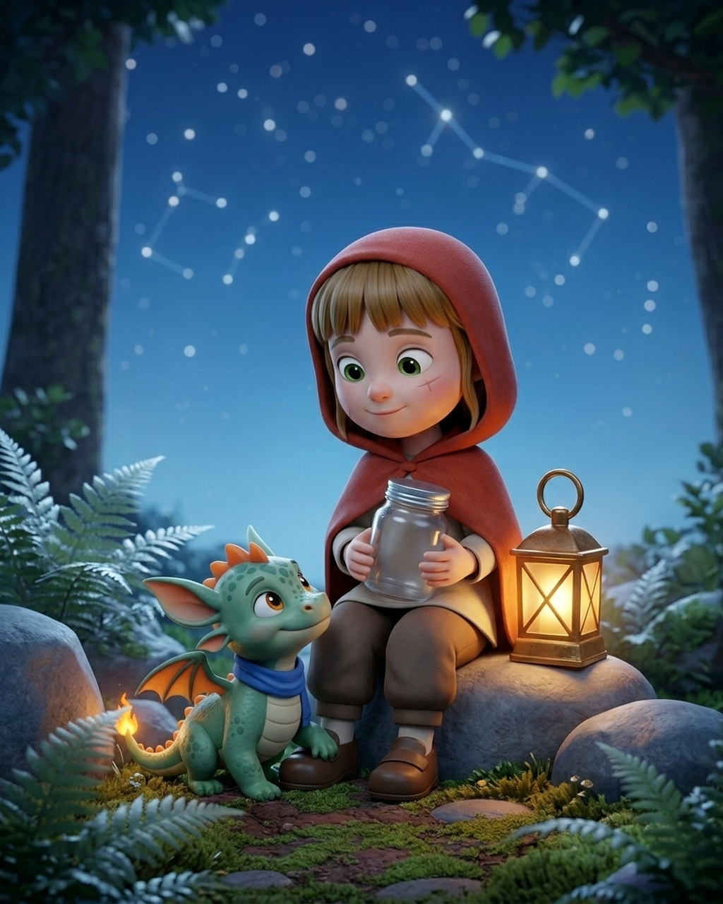 A young girl in a red hooded cloak holding a firefly jar beside a glowing lantern, her small green dragon at her side under a starry night sky: Gretchen, Flicker's founder, as a child.