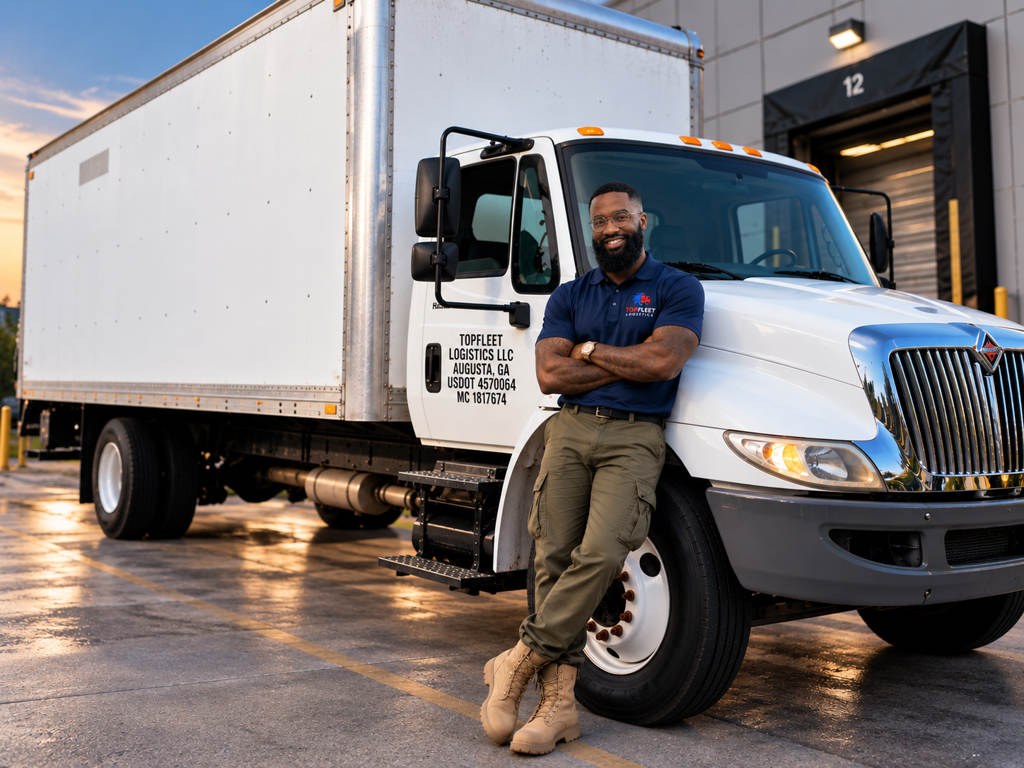 TopFleet Logistics driver with 26ft box truck at loading dock