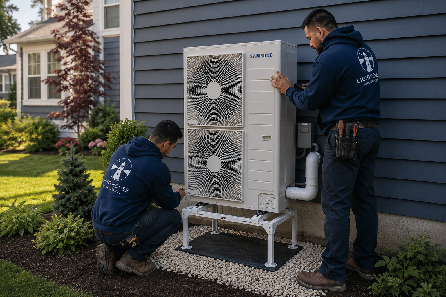 Lighthouse technicians installing a Samsung heat pump outside a Massachusetts home
