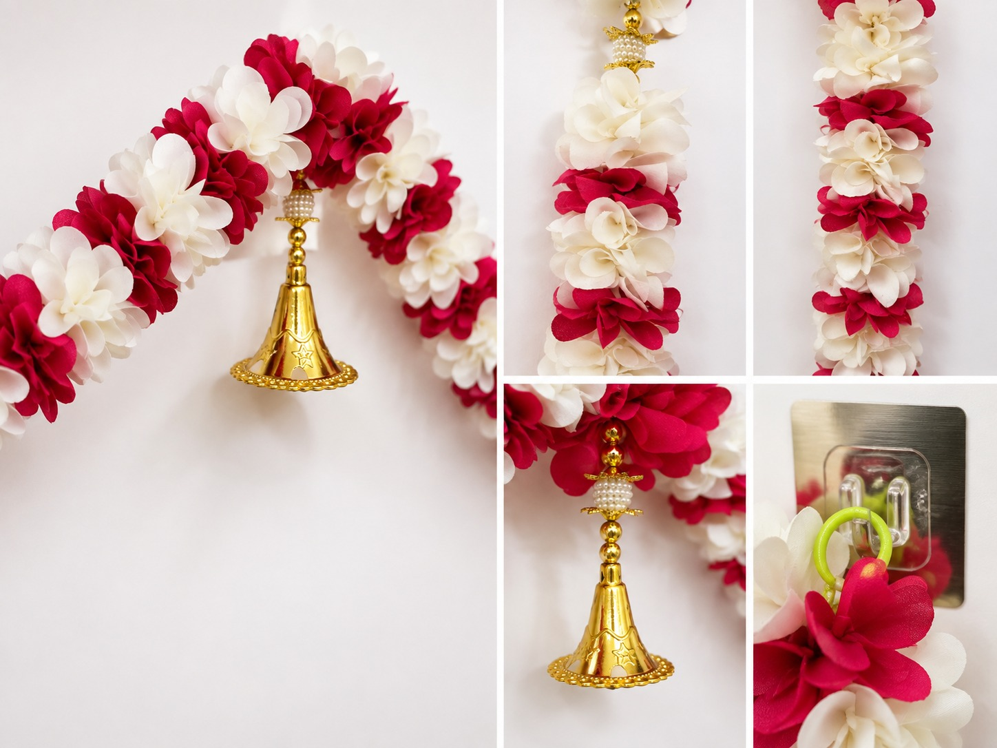 Traditional Red & White Floral Toran with Golden Bells