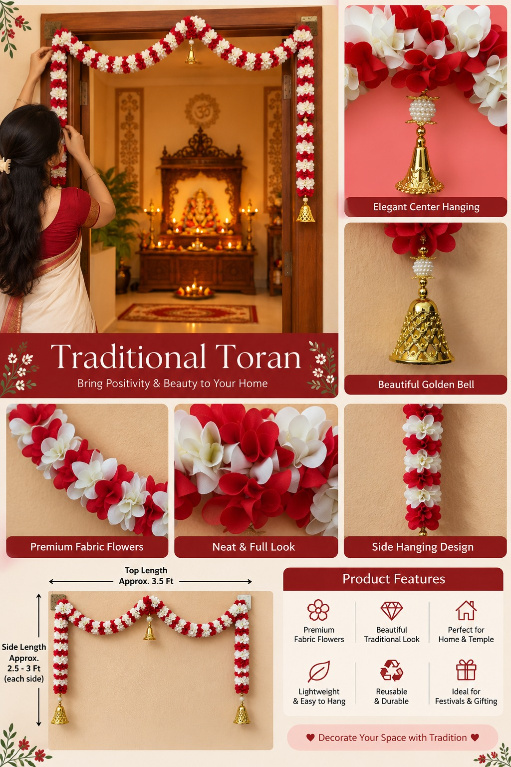Decorative Brass-Finish Temple Bell