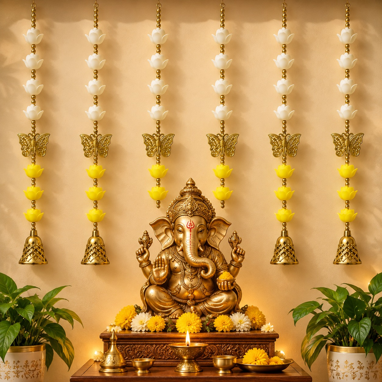 Lotus Flower Wall Hanging with Butterfly & Brass Bell (Set of 6)