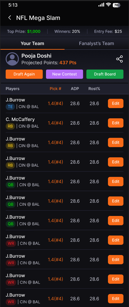 FanDrill app lineup and roster construction screen