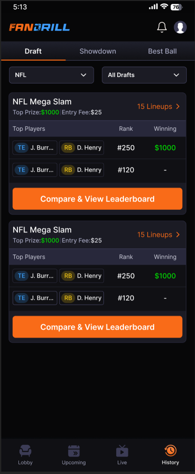 FanDrill app draft history and lineups