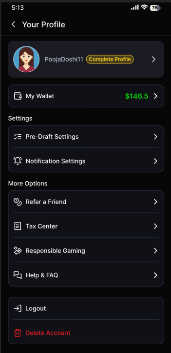 FanDrill app profile and wallet