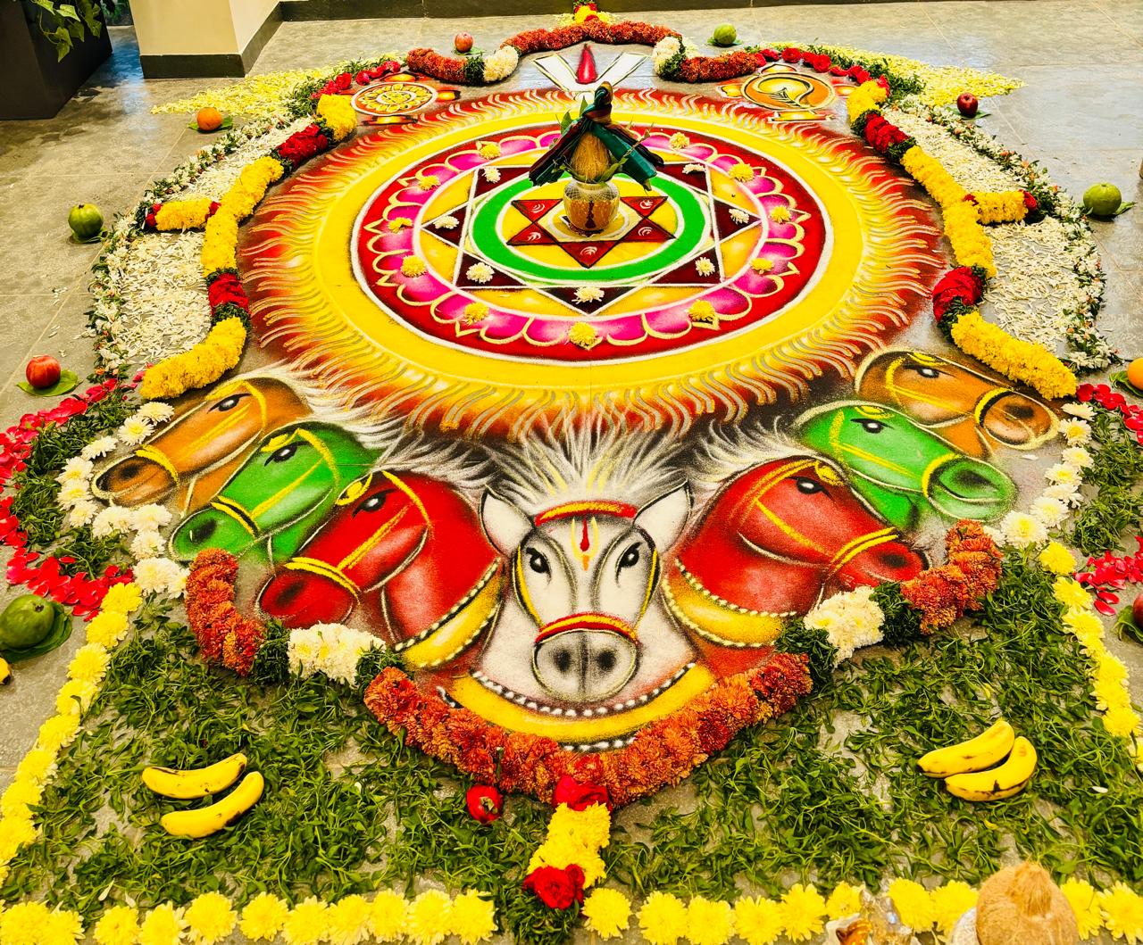 Sacred Vedic mandala rangoli with the seven horses of Surya