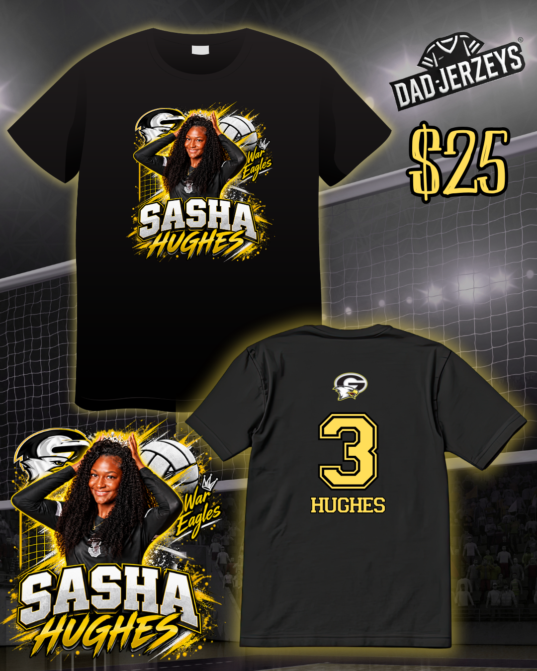 Sasha Hughes Senior Night shirt front and back