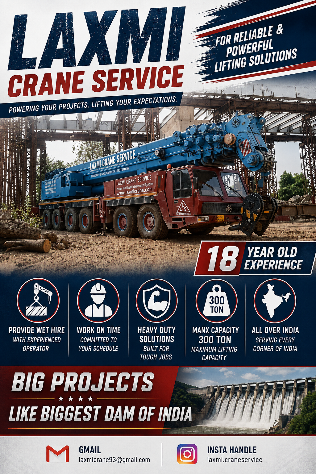 Laxmi Crane Service — 18 years experience, wet hire with experienced operator, 300 ton max capacity, all over India