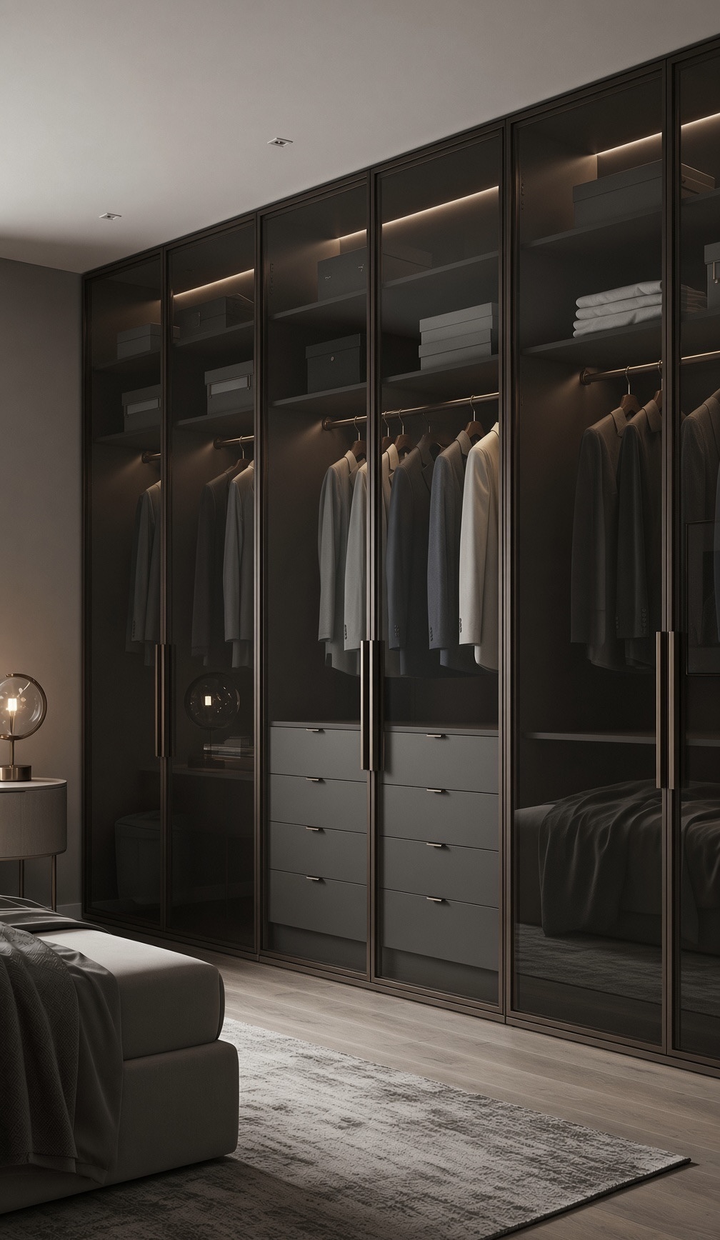 Nocturne profile glass wardrobe in smoked glass with bronze frames and lit interior