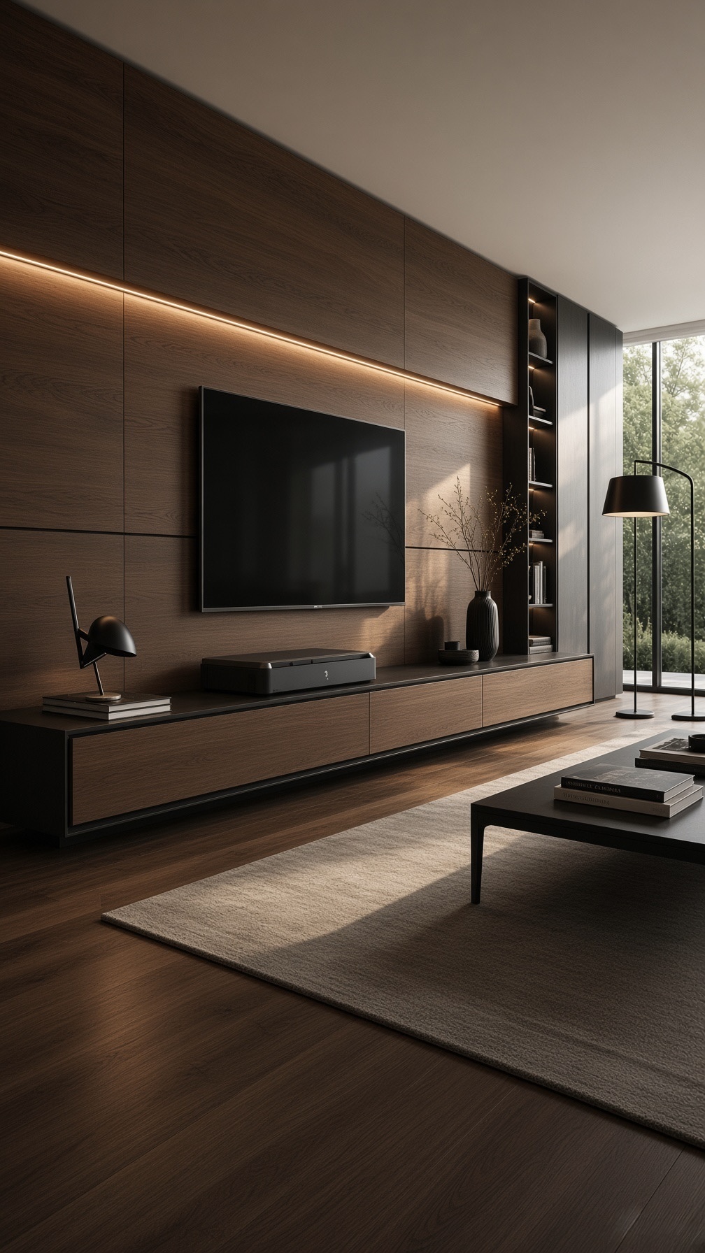 Meridian Wall TV unit in warm wood laminate panelling with floating console