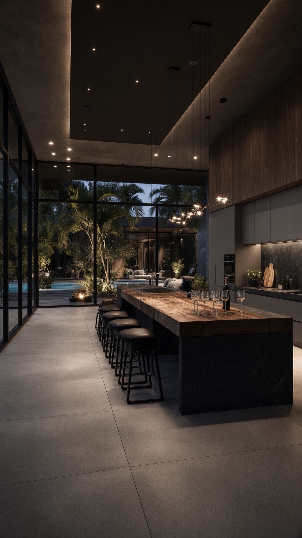Night-time luxury kitchen with long island and garden view by Innovation Modular System