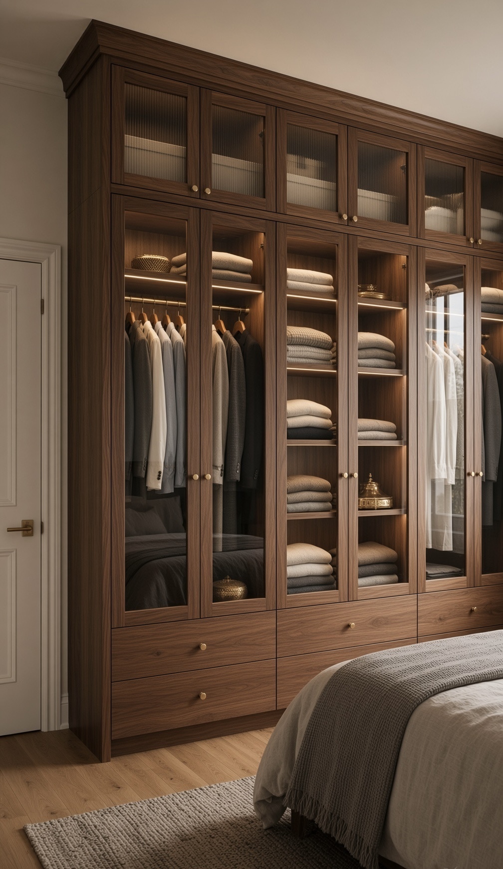 Walnut Galerie solid wood wardrobe with reeded glass display shutters