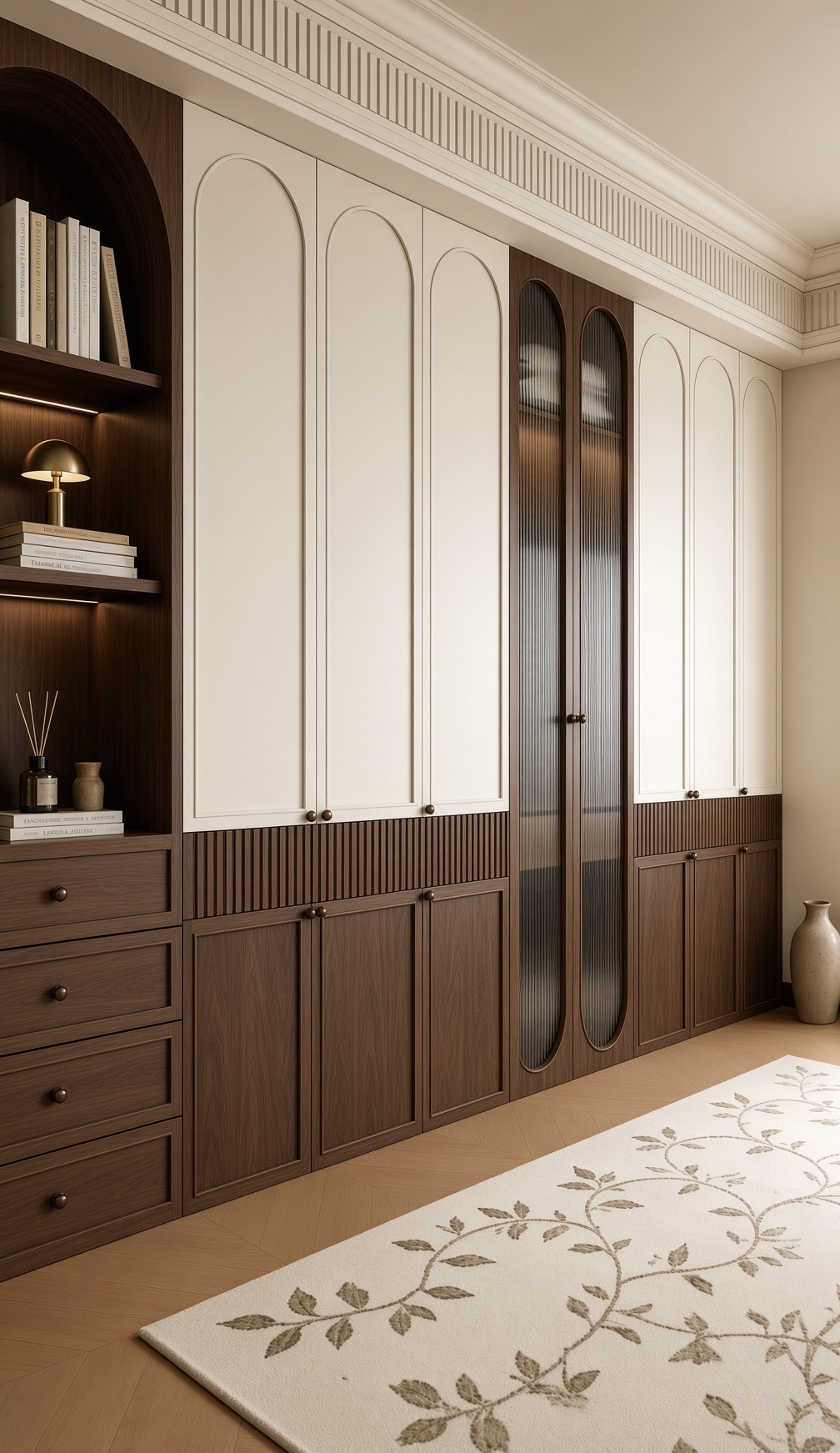Arcadia wardrobe wall in cream PU arches with walnut membrane fluting and reeded glass