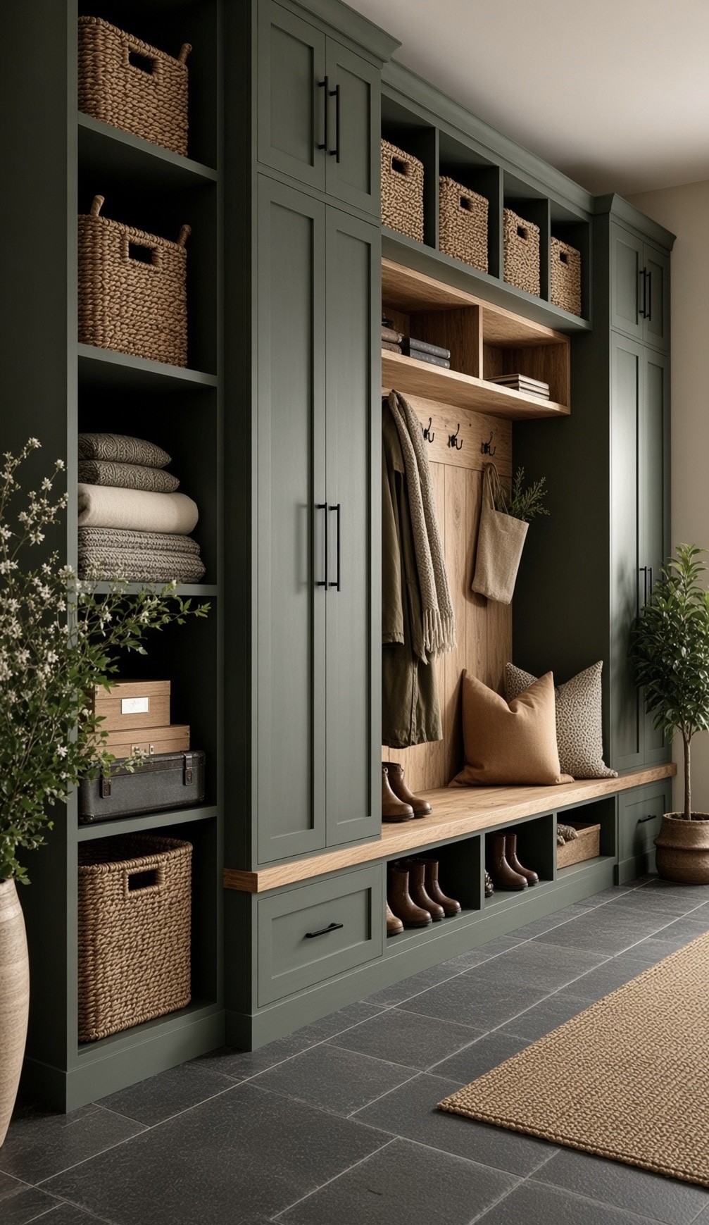 Sage Manor vintage solid wood mudroom with oak bench and hooks