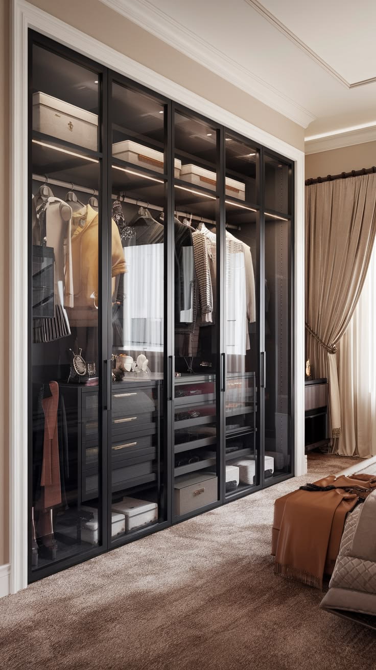 Vitrine Profile Glass walk-in wardrobe with black aluminium frames and lit interior