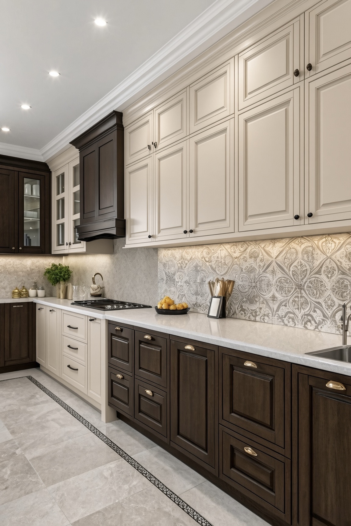 Palazzo kitchen with ivory membrane framed uppers and espresso PU base cabinets