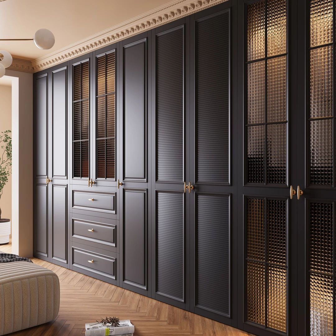 Noir Atelier wardrobe in charcoal sprayed PU with fluted glass accents