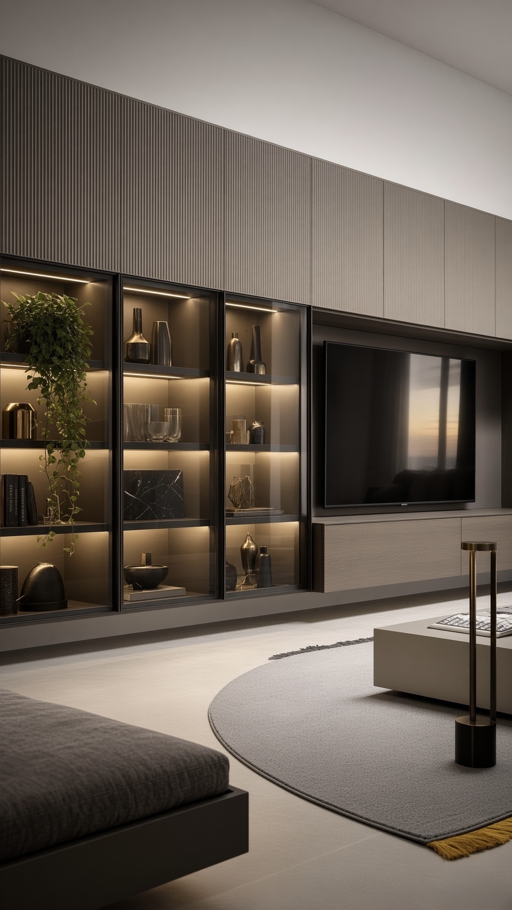 Sensa Duo media wall combining Senosan matt acrylic with Lamitex laminate and glass vitrines