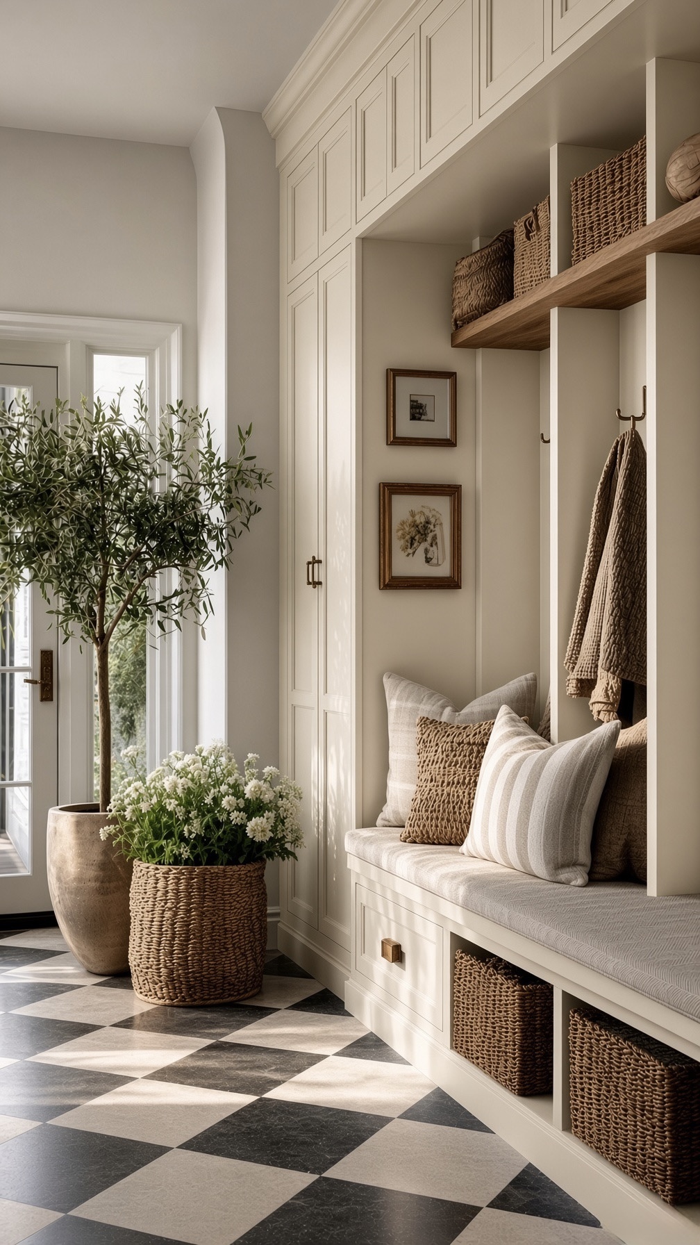 Ivory Hall entryway storage in cream PU with Lamitex oak shelf and cushioned bench