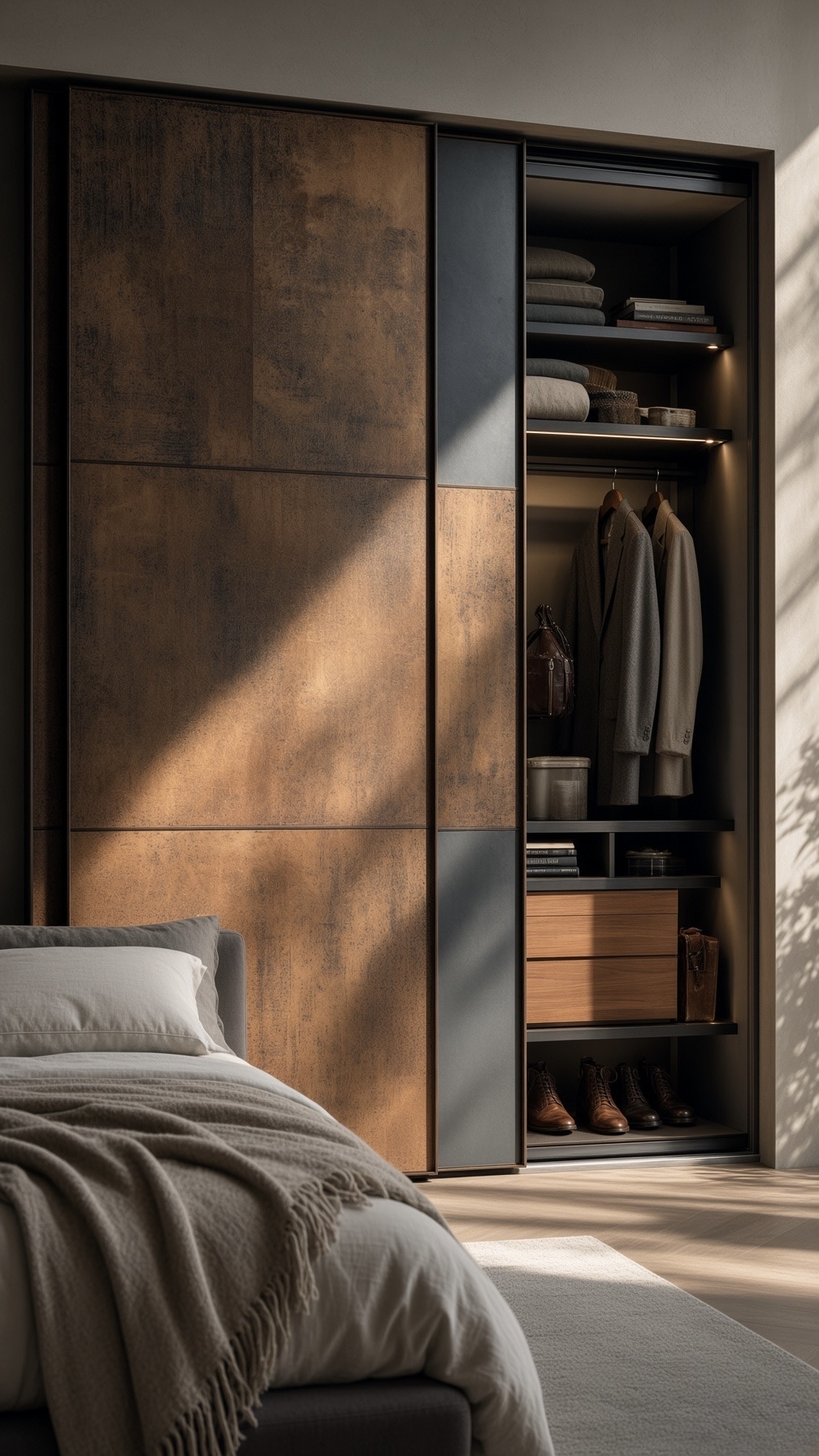 Corten bronze ceramic sliding wardrobe revealing a lit open dresser