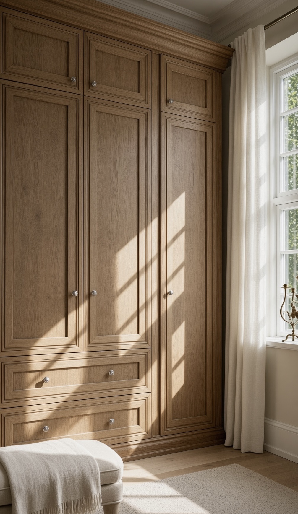 Manor Oak vintage solid wood wardrobe with framed panels and crown moulding