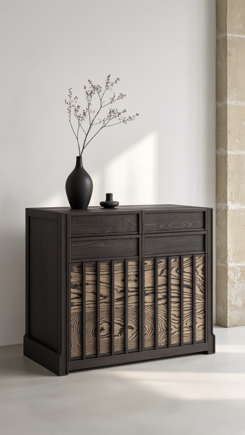 Ebon Grain sideboard in dark solid wood with dramatic figured veneer panels