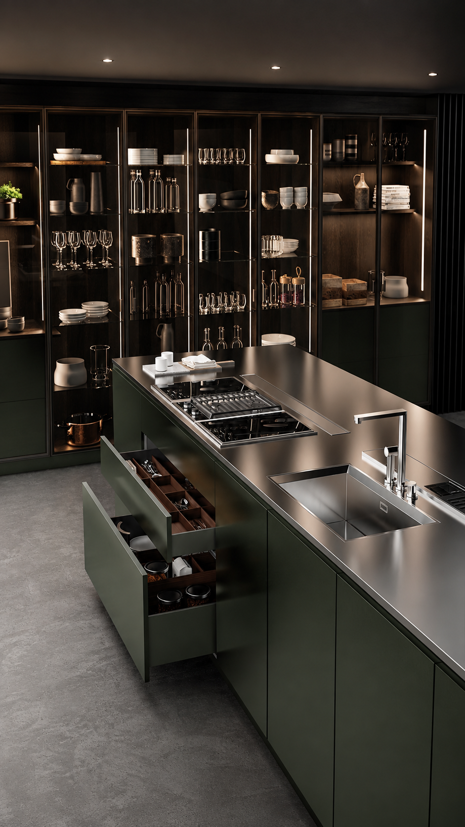 Dark luxury modular kitchen with stainless steel island and lit display cabinetry