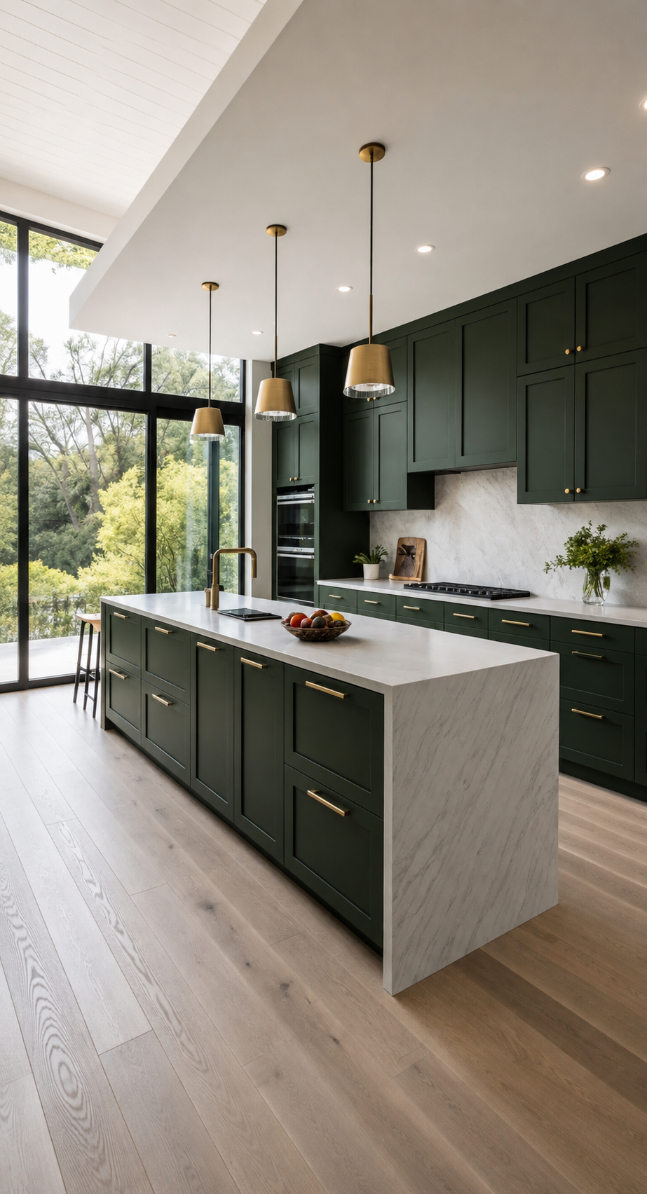 Deep green shaker kitchen with marble island and brass pendant lights by Innovation Modular System