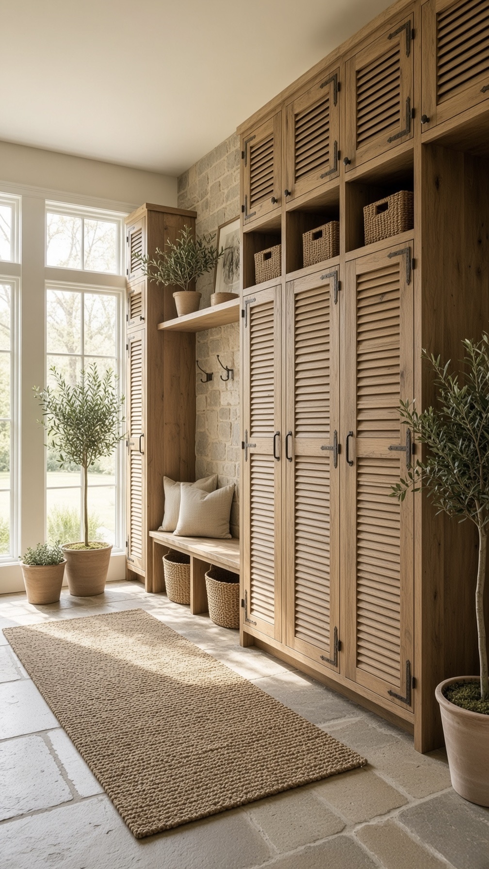 Atelier Louver solid wood louvered storage wall with bench and open cubbies