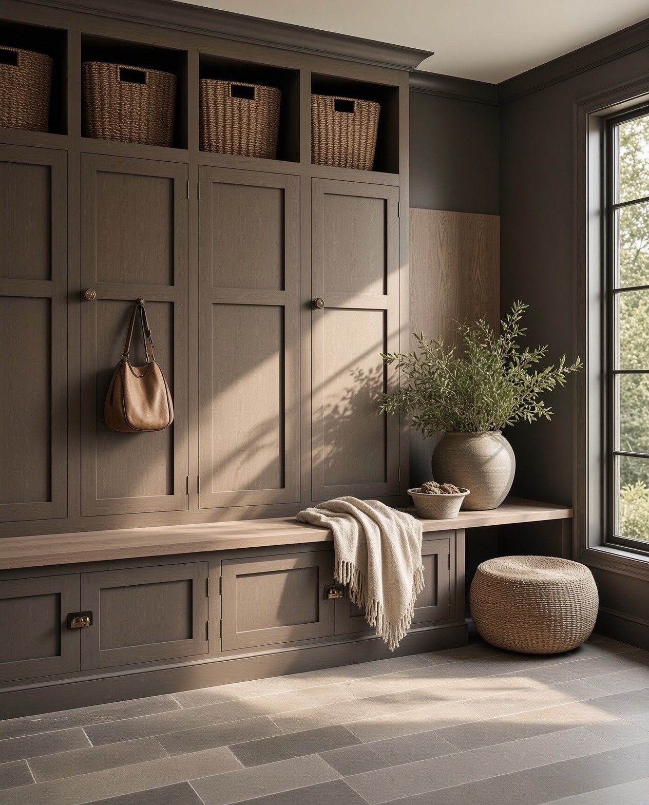 Shale membrane mudroom storage wall in mushroom grey with bench