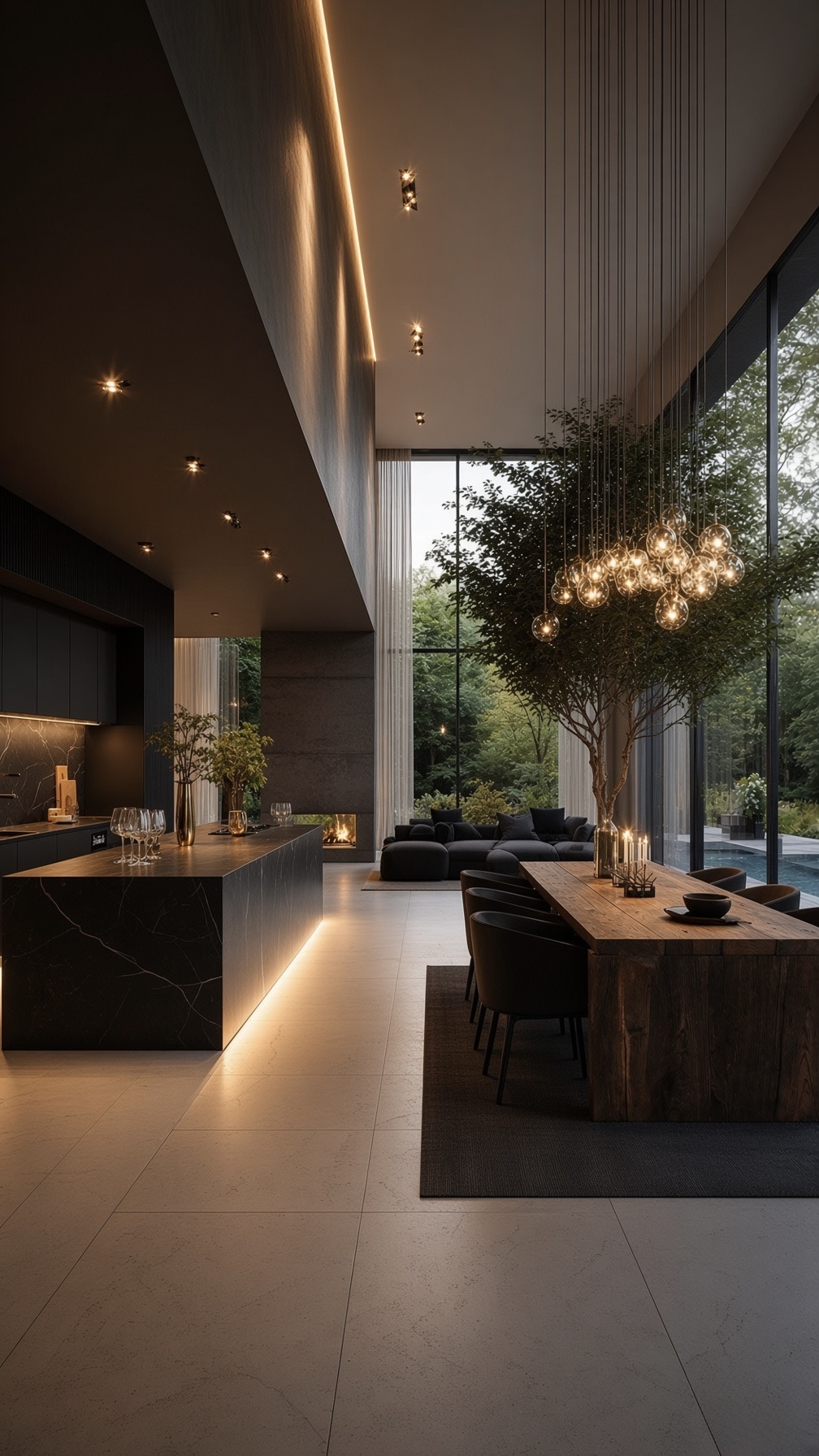 Dark luxury kitchen and dining space with statement chandelier by Innovation Modular System