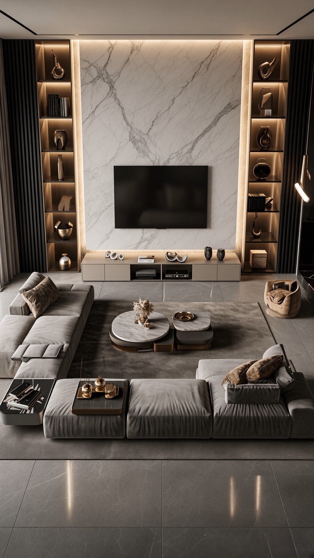 A finished Innovation Modular System living room with marble media wall