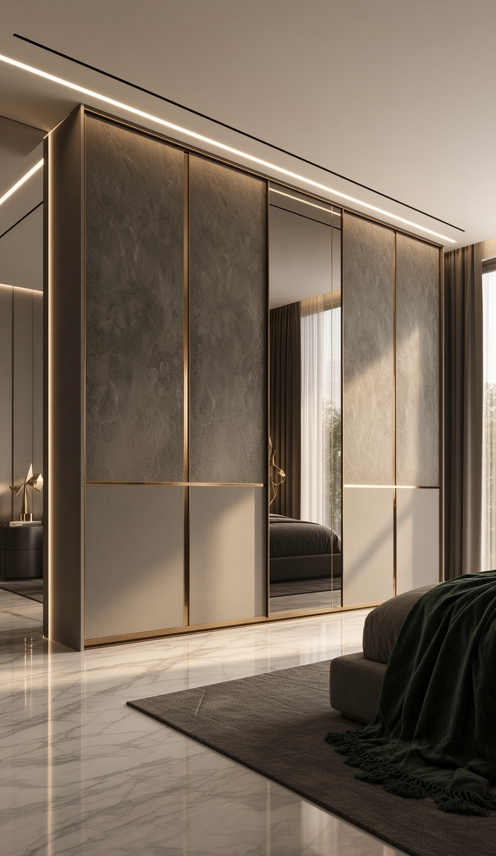 Strata ceramic sliding wardrobe with brass inlay and full mirror bay
