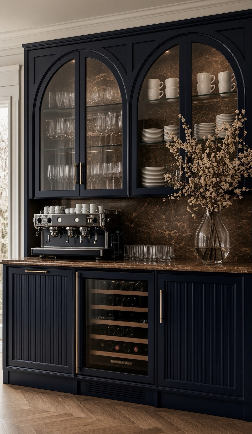 Salon Bleu navy PU bar cabinet with arched glass display and fluted shutters