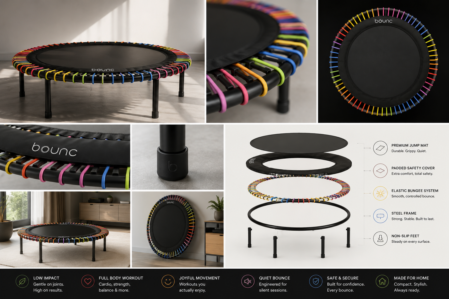 BOUNC rebounder details, construction and lifestyle collage