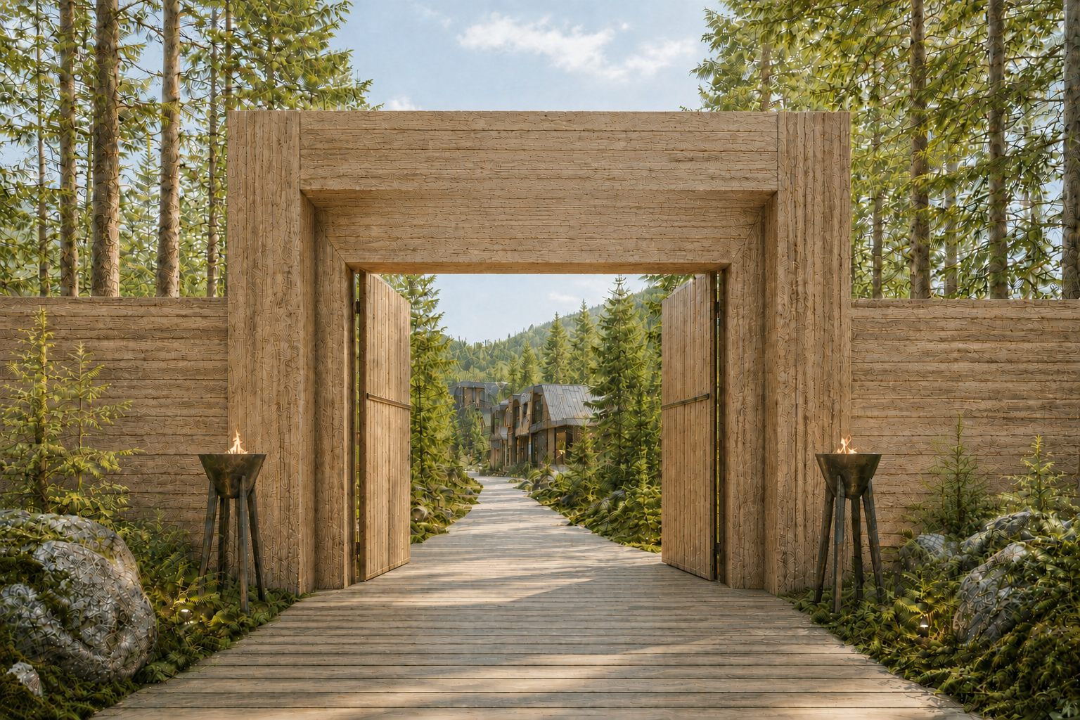 The wooden entry gate to Yuzenya opening onto a boardwalk through pine forest toward the retreat cabins.