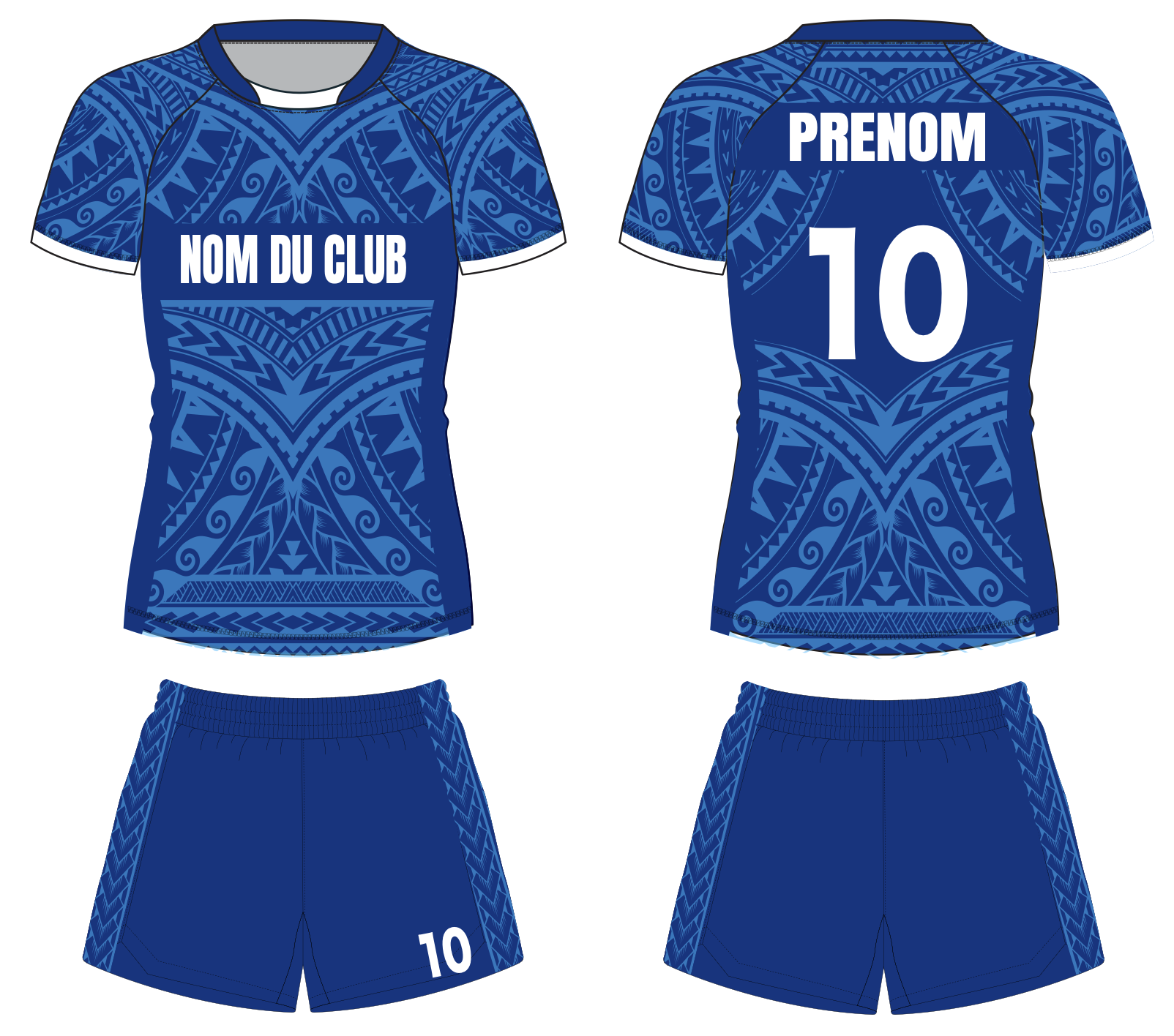Maquette de maillot et short de rugby enfant personnalisés, nom du club devant, prénom et numéro 10 au dos