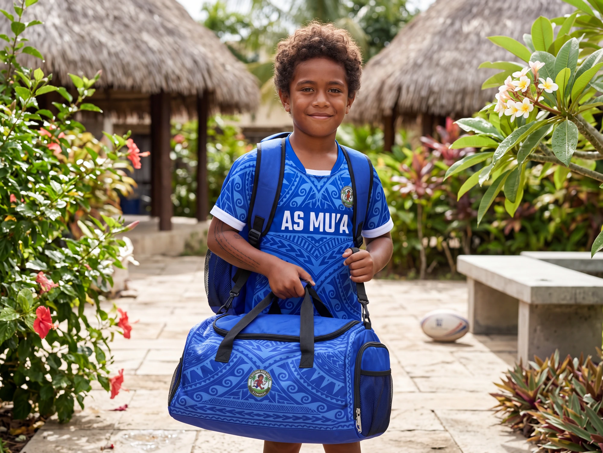 Jeune joueur polynésien en maillot de rugby AS Mu'a personnalisé, avec le sac de voyage et le sac à dos assortis aux mêmes motifs