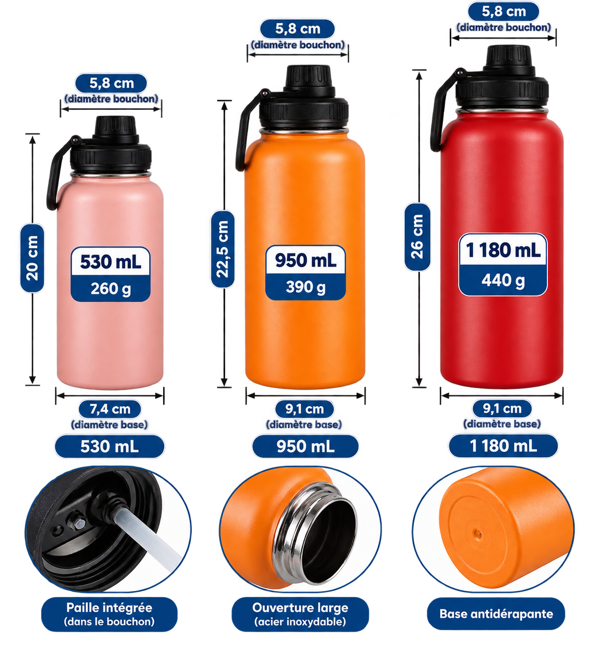 Gourdes inox — 530ml, 950ml, 1180ml