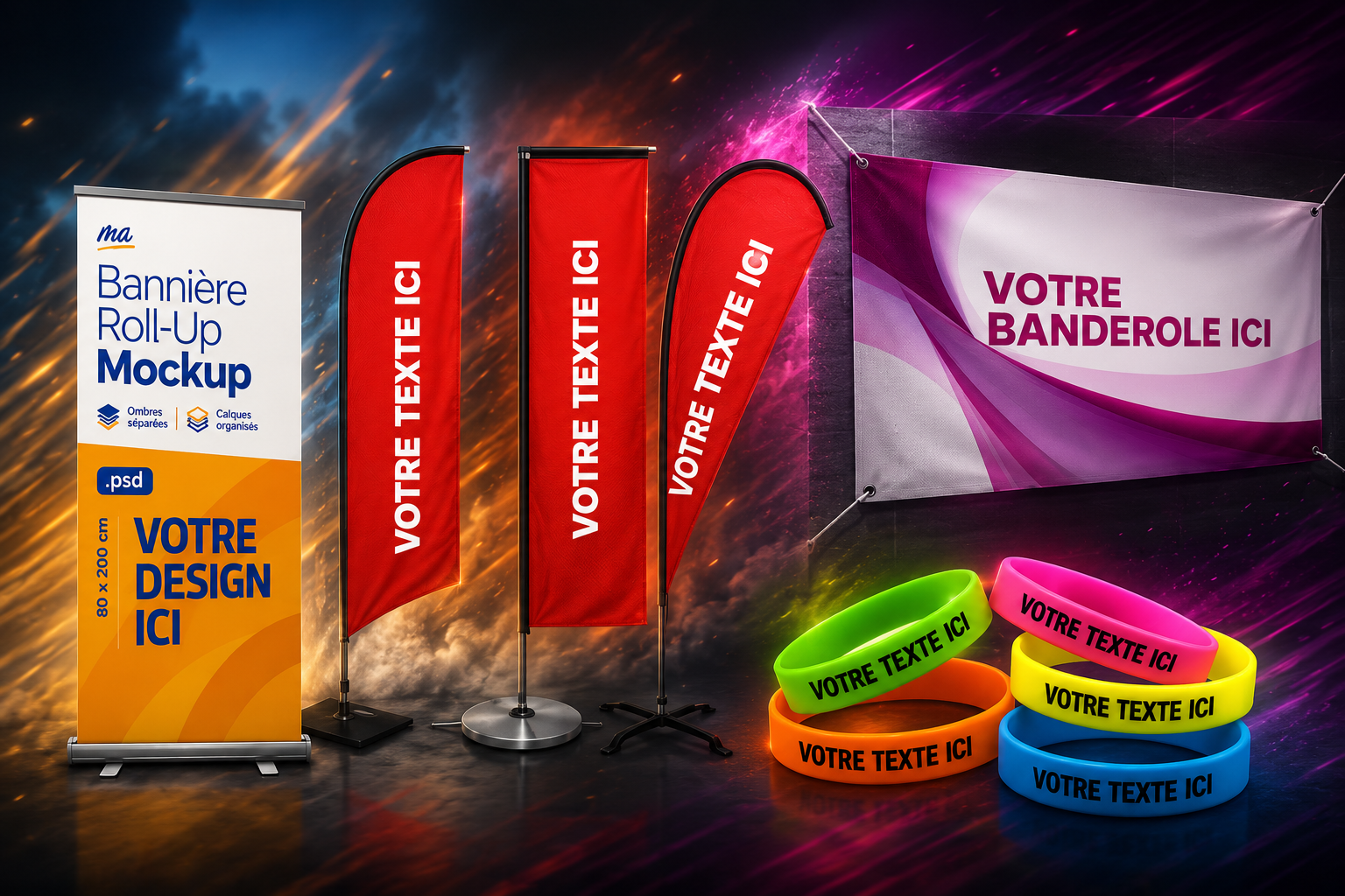 Supports événementiels personnalisés ARDEZIL : oriflammes, kakemono, banderole et bracelets