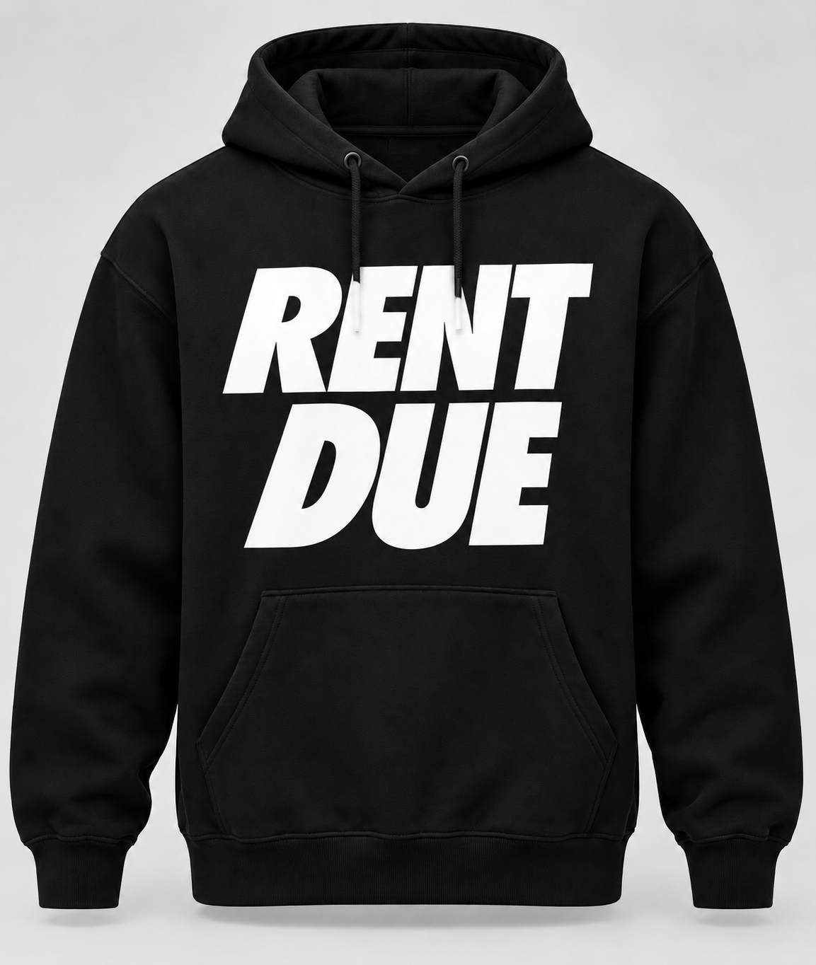 Cotton Blend Rent Due Hoodie — black heavyweight fleece with white RENT DUE front graphic