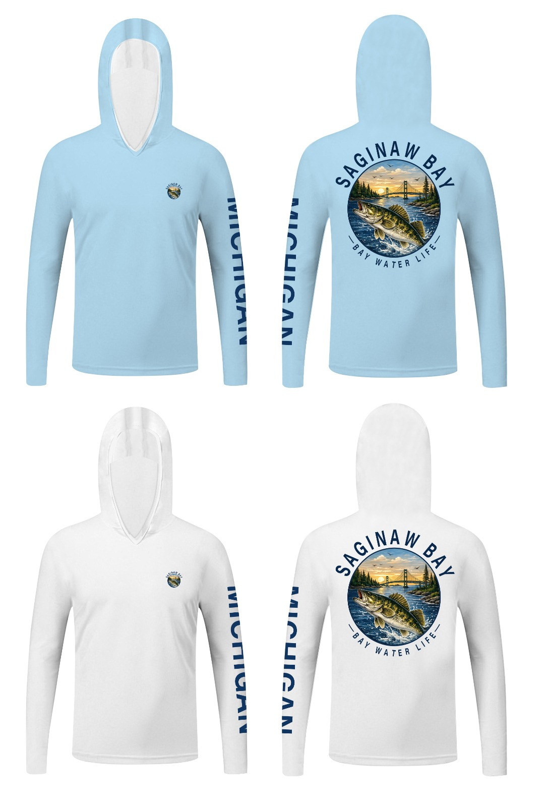Saginaw Bay UPF 50+ Hoodie — Bay Blue and Fog White colorways with Michigan sleeve print