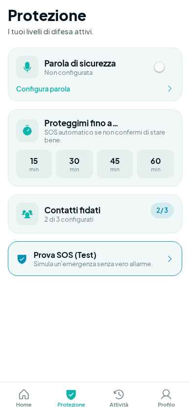 Personal Safety – schermata Protezione