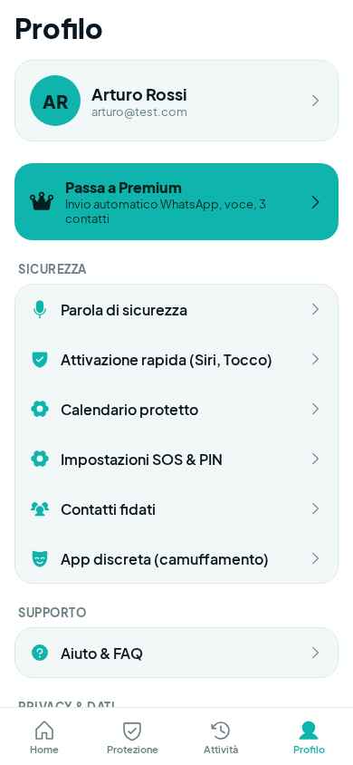 Personal Safety – schermata Profilo
