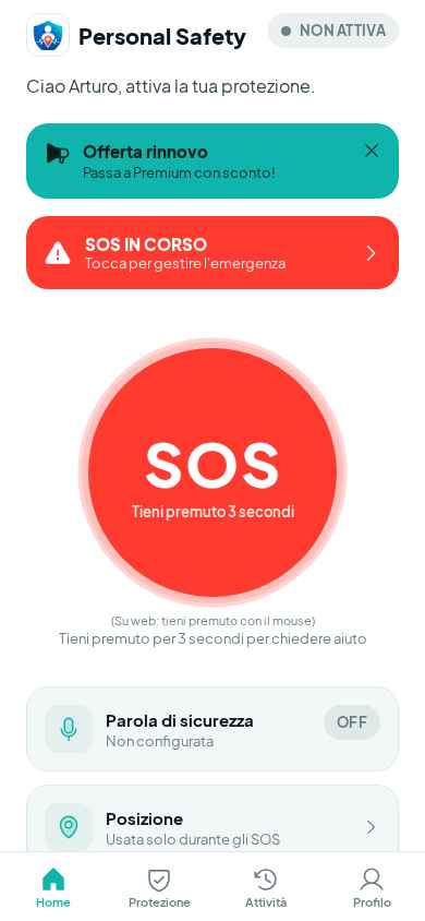Personal Safety – schermata Home