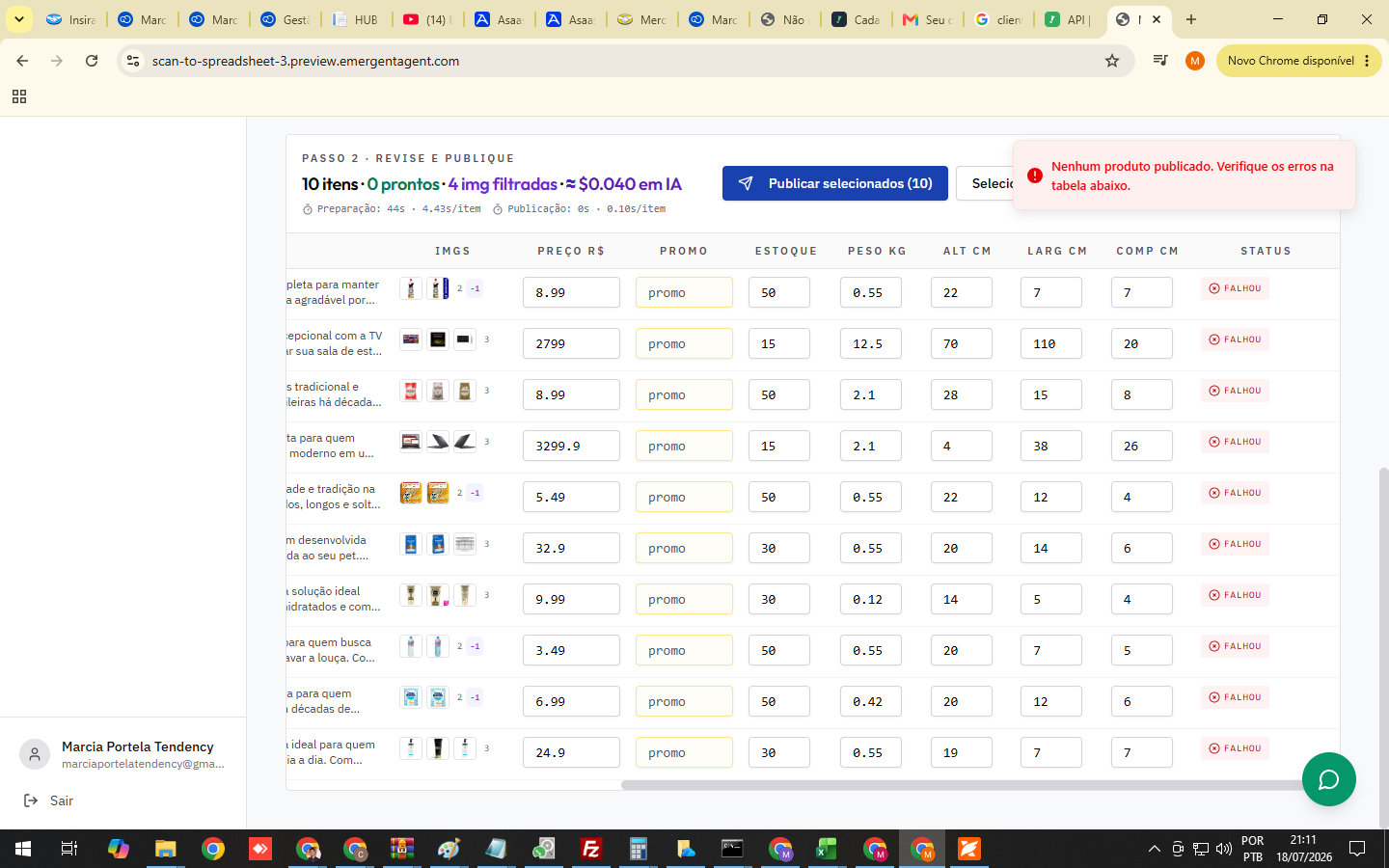 Tabela de revisão do Magic SIP mostrando produtos processados