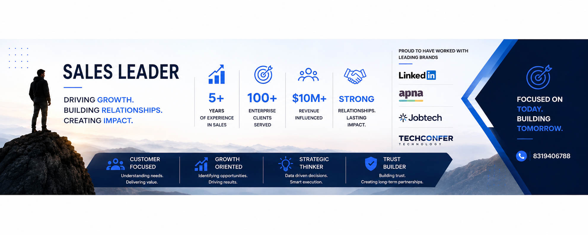 Sales Leader — 5+ years, 100+ enterprise clients, $10M+ revenue influenced