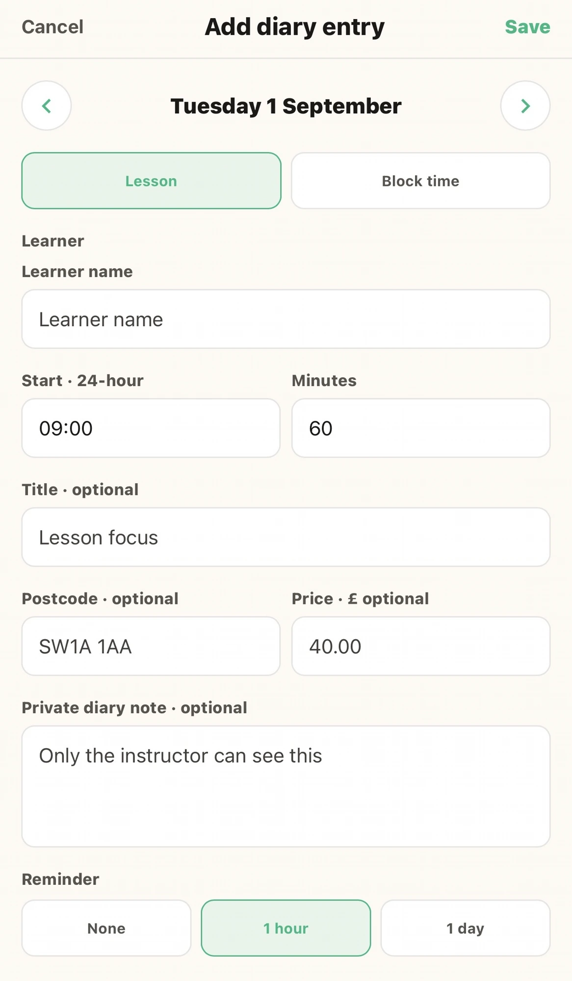 Add diary entry screen: learner name, time, title, postcode, price, private note, reminder