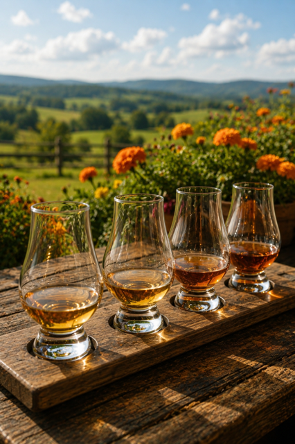 A bourbon flight of four glasses on a barrel-wood board overlooking Kentucky hills and marigolds