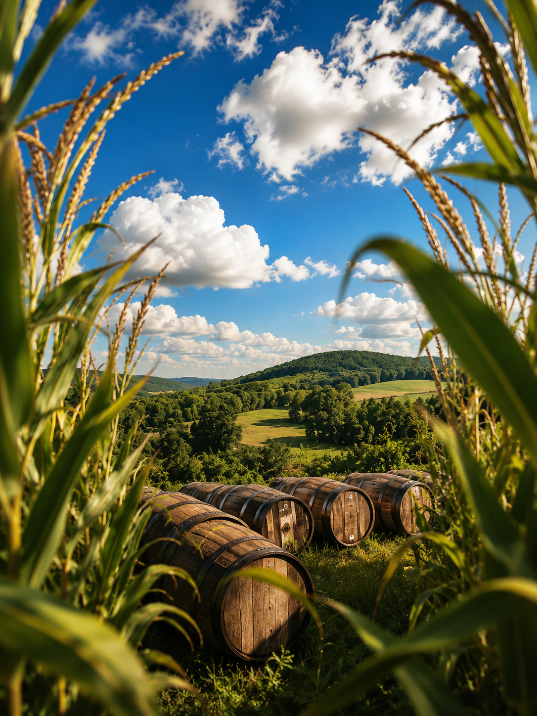 Kentucky bourbon barrels resting in rolling bluegrass hills, framed by corn stalks beneath a bright blue sky with puffy clouds